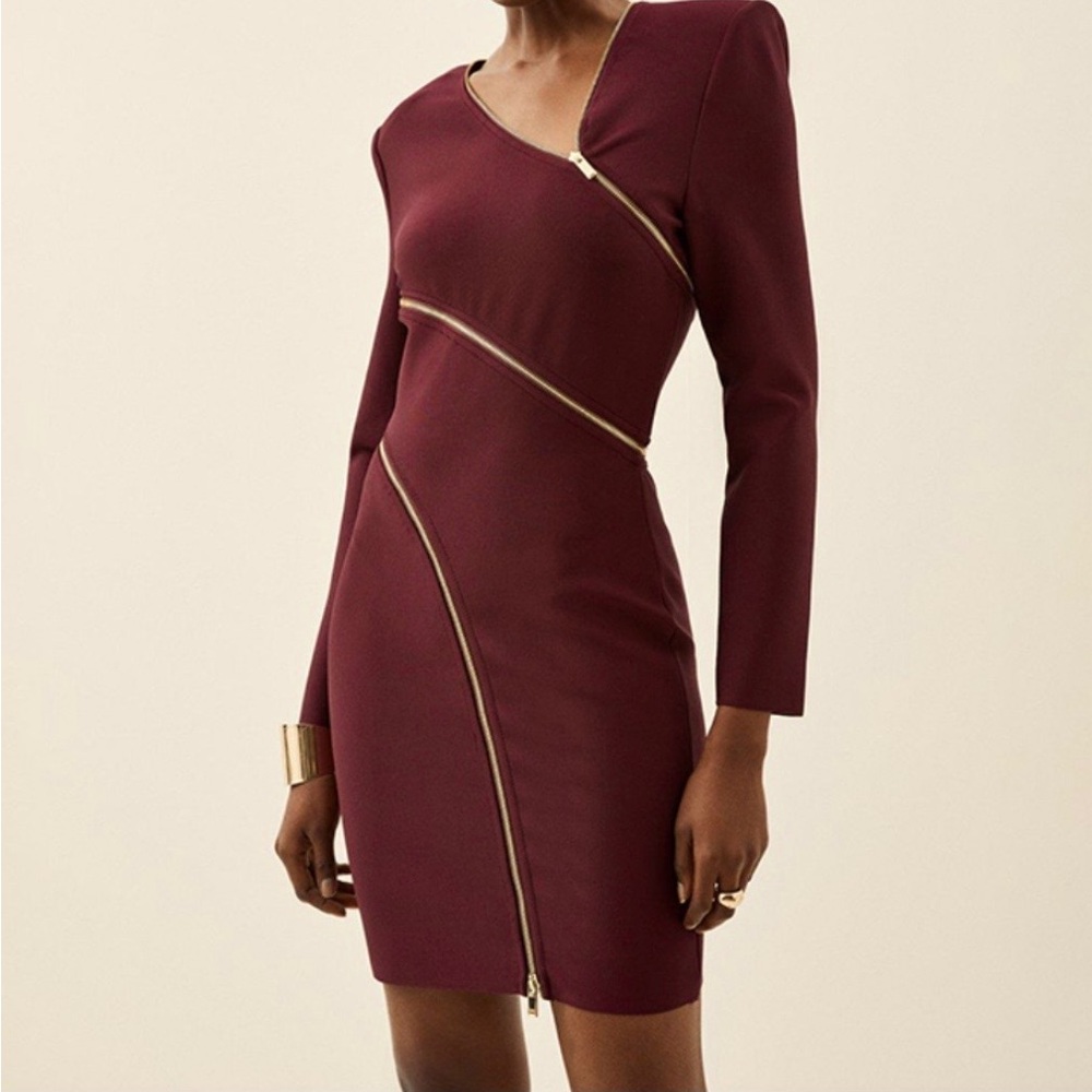 Karen Millen Burgundy Long Sleeve Asymmetric Zip Dress